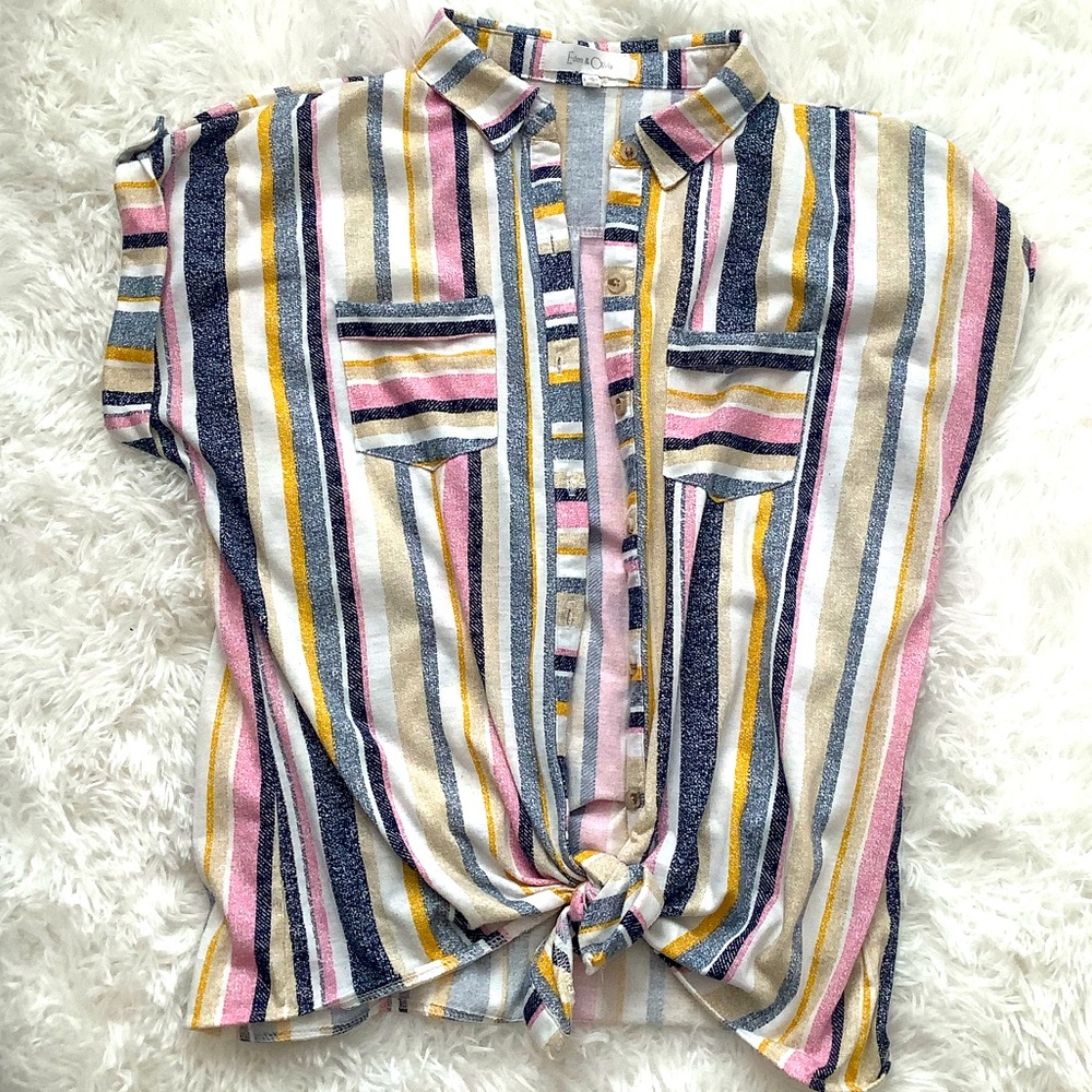 EUC Eden and Olivia Striped Pastel Button Down Tie Front Top M